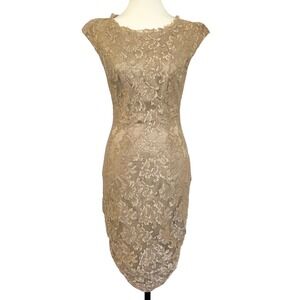 Mandalay Unconventional Lace NYE Sheath Dress Champagne Cap Sleeve Cocktail Sz 6
